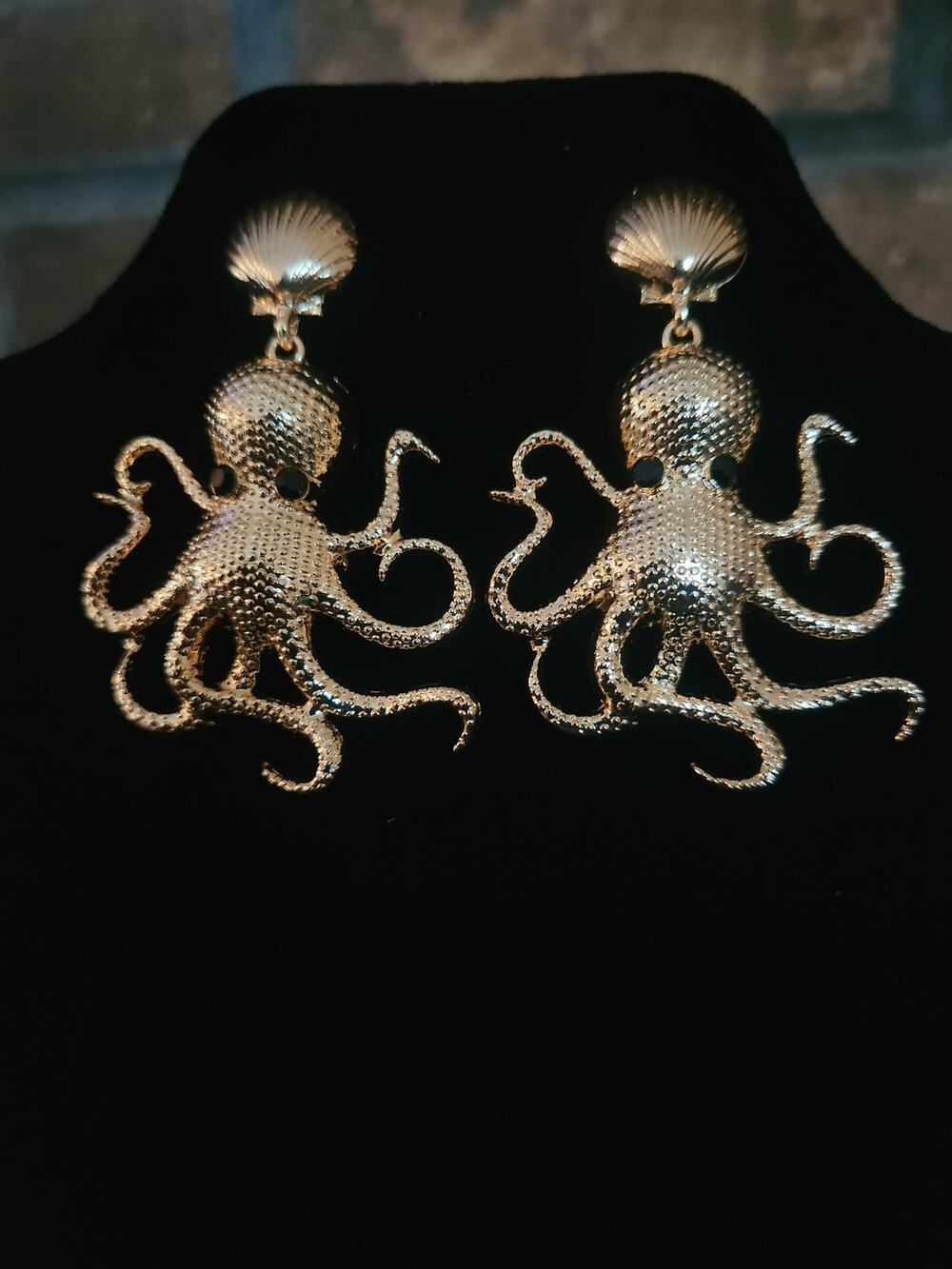 Gold Tone Octopus & Seashell Drop Earrings With Black Rhinestone Eyes